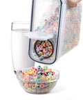 4 Piece Large Cereal Storage Set With Airtight BPA Free Plastic Containers, 135.2oz Capacity Each, pouring cereal into bowl