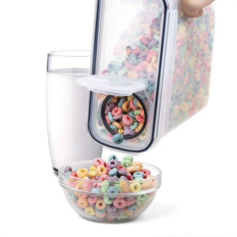 4 Piece Large Cereal Storage Set With Airtight BPA Free Plastic Containers, 135.2oz Capacity Each, pouring cereal into bowl