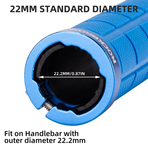 Close-up of blue Double Lock On Bike Handlebar Grips Non Slip Grippy Comfort Rubber Grips For Mountain Bike BMX Scooter.