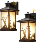 Two Pack Dusk To Dawn Outdoor Wall Lanterns Waterproof Sconce Lights With Frosted Glass Shade And E26 Socket For House Garage Patio Front Door Auto Night Sensor No Fuss showing deer silhouette design.