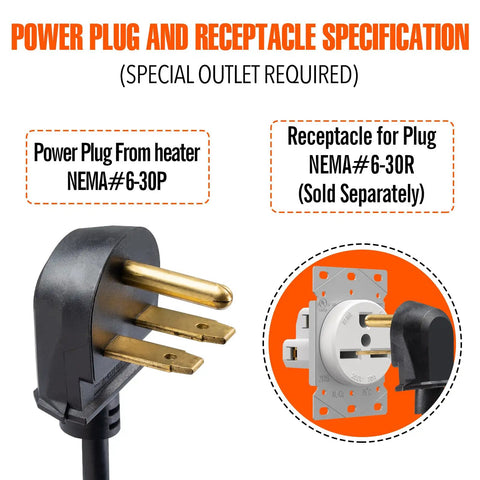 Power plug NEMA 6-30P and receptacle NEMA 6-30R for Beast 5600W 240V Infrared Heater For Large Garages And Warehouses