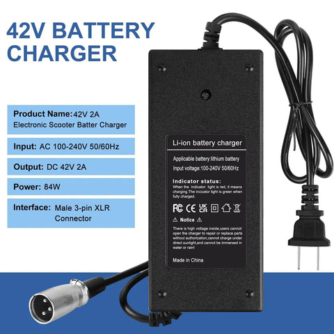 42V 2A Charger With Male 3 Pin XLR Connector For 36V Lithium Battery Packs Fast Reliable Wall Mount Power Adapter Works With E300 Mini Dirt MX650 MX500 MX650 GT750 S1000 S600 Ezip E1000 GoGo And Similar 36V Ride On Batteries