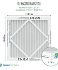 Front view of 12x12x1 Air Filter 4 Pack MERV 8 Pleated Filters with size measurements and durable white cardboard frame.