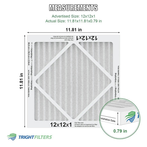Front view of 12x12x1 Air Filter 4 Pack MERV 8 Pleated Filters with size measurements and durable white cardboard frame.