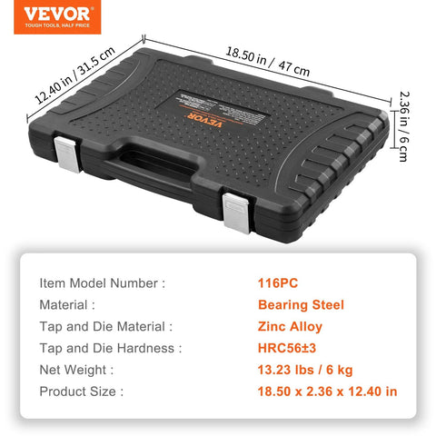 Tap and Die Set in a black VEVOR storage case, 116-piece with bearing steel taps and dies