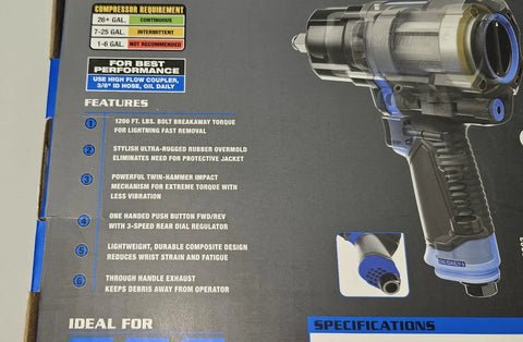 1/2 Inch Blue Composite Air Impact Wrench 1200 Ft Lb Breakaway Torque Twin Hammer with rubber grip on black background.