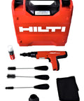 Heavy Duty Semi Auto Powder Actuated Fastening Tool For Concrete, Wire Mesh, And Tight Spaces, 0.27 Caliber, 62 mm Nails shown with case.