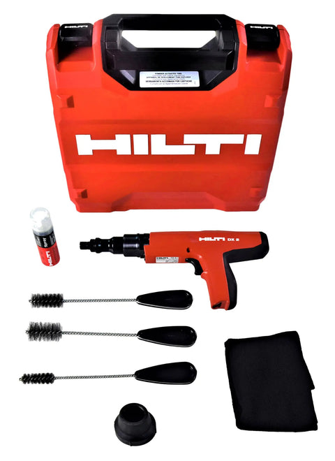 Heavy Duty Semi Auto Powder Actuated Fastening Tool For Concrete, Wire Mesh, And Tight Spaces, 0.27 Caliber, 62 mm Nails shown with case.