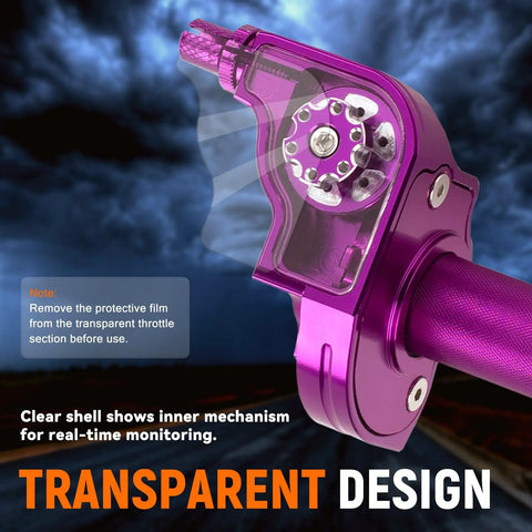 Universal 7/8 Inch CNC Quick Action Twist Throttle Kit With Cable, transparent shell showing cable, for Dirt Pit Bikes, Purple