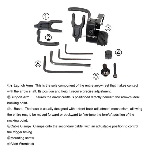 Drop Away Arrow Rest For Compound And Pulley Bows, Right Hand, Black Finish, CNC Machined Aluminum, with components and wrenches