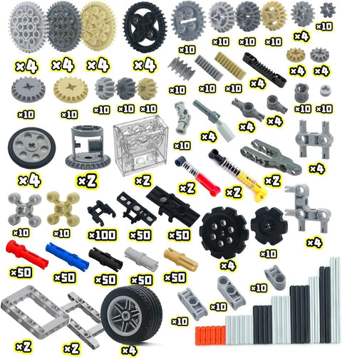 Gear Builder Bulk Kit For Brick Creations: assorted gears, axles, connectors, wheels, and shock absorbers, compatible pieces displayed