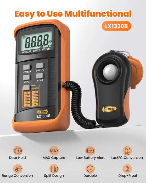 Pro Grade Illuminance Light Meter For Precise Plant Growth Digital Lux Meter With Range Zero To Two Hundred Thousand Lux And Fast Readings Twice Per Second FC To Lux Conversion Pocket Friendly Design For On The Go, orange digital light meter with probe