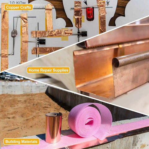 Collage showing Copper Sheet Roll 3.28ft 1.57in 0.05mm Pure Copper Flashing Plate For Roofing DIY Projects, crafts, and building materials.