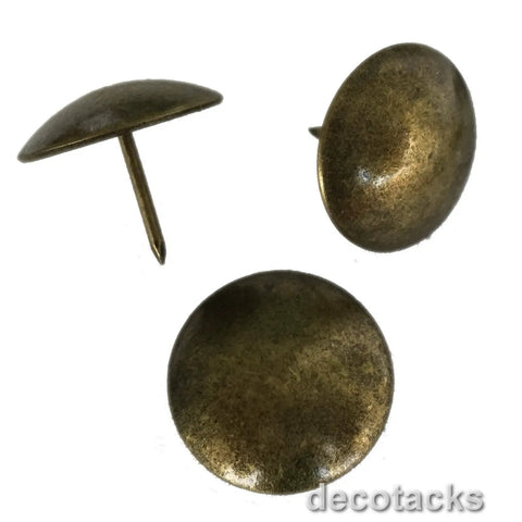 Top Shelf Antique Brass Upholstery Tacks One Inch Head Heavy Duty Chrome Plated Furniture Nails Real Deal For DIY Workshop Restoration And Home Fifty Pack close-up view of antique brass fasteners with one inch heads