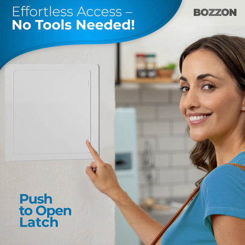 Rugged White Drywall Access Panel Fits 12 By 12 Inch Wall Cutouts With No Sweat Push To Open Latch shown in use.