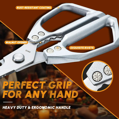 Beast Mode Heavy Duty Kitchen Scissors For Food Prep And BBQ, Multifunction Kitchen Shears With Dual-Shear Razor Blades, stainless steel handle close-up