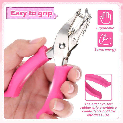 Hand holding Dual Size Circle Hole Punch With One Quarter Inch And One Eighth Inch Holes For Paper Crafts And Scrapbooking, pink grip