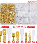Gold Plated Insulated Spade Connectors 600 Piece Set Kit Male Female Wire Terminals 2.8mm 4.8mm 6.3mm Sizes For Automotive Electrical Wiring And Home Repair Projects These Bad Boys Hold Fast And Tight So Connections Stay Locking And Super Secure Forever. assorted gold and clear insulated spade connectors in a 600-piece organizer, 2.8mm 4.8mm 6.3mm
