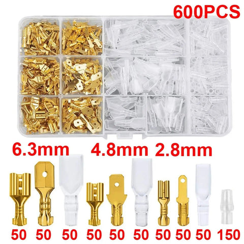 Gold Plated Insulated Spade Connectors 600 Piece Set Kit Male Female Wire Terminals 2.8mm 4.8mm 6.3mm Sizes For Automotive Electrical Wiring And Home Repair Projects These Bad Boys Hold Fast And Tight So Connections Stay Locking And Super Secure Forever. assorted gold and clear insulated spade connectors in a 600-piece organizer, 2.8mm 4.8mm 6.3mm