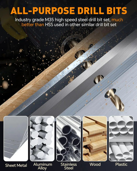 Beefy 15Pc M35 HSS Drill Bit Set With 1/16 To 3/8 Inch Bits, Jobber Length, Straight Shank, Metal Drill Bits For Steel Stainless Iron Wood Plastic, Rugged Indexed Storage Case shown with material examples.