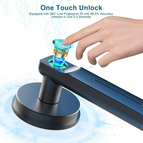 Smart Fingerprint Door Lock With Handle Keyless Entry Sleek One Touch Unlock Dual Access And Mechanical Key Backup Perfect For Bedroom Or Office Black displaying fingerprint recognition.