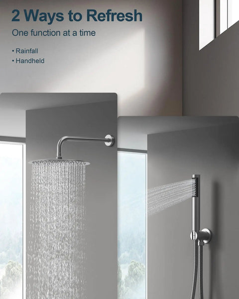 GRANDJOY 10" Wall Mount Shower System with Handheld Spray, Brushed Nickel, showing rainfall and handheld options.