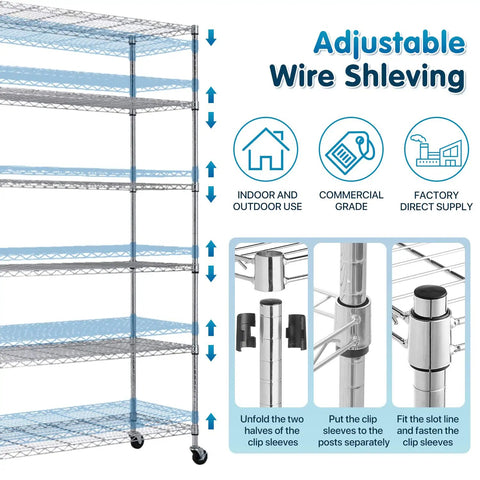 Heavy Hitter Six Tier Garage Shelving Rack With Locking Casters 6000 Lbs Capacity No Sweat Steel Wire Shelf Adjustable Height Chrome Storage Tower For Garage Or Workshop Organization