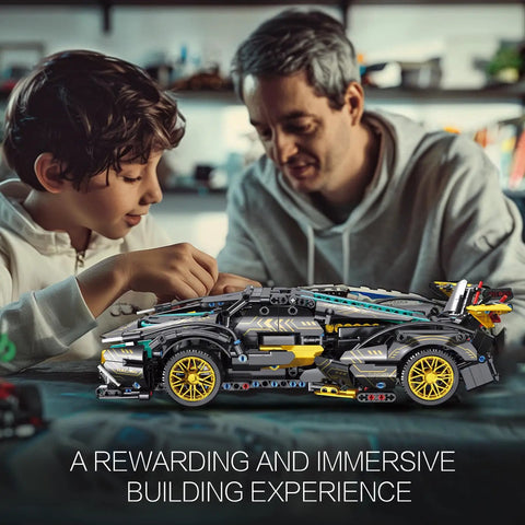 Father and son assembling Technic Sports Car Building Kit 1:14 Scale Lambo V12 MOC Race Car Model Set for Builders and Collectors 1012 Pieces.