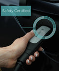 Hand plugging Tesla NACS Portable EV Charger With Dual Level Charging into vehicle, labeled 'Safety Certified'