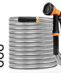 No Tangle 25ft Stainless Steel Garden Hose with Ten Function Adjustable Spray Nozzle, bright orange, durable metal, kink-free design