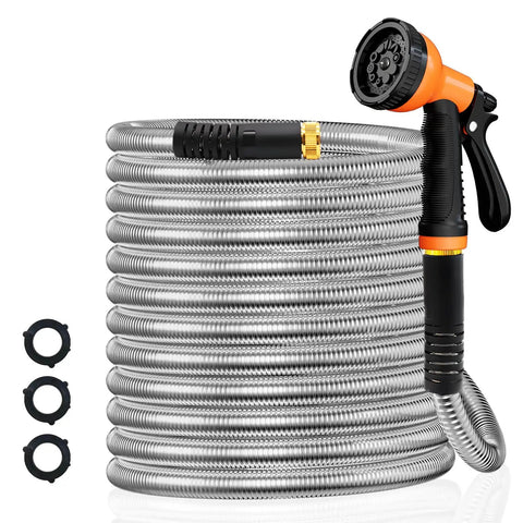 No Tangle 25ft Stainless Steel Garden Hose with Ten Function Adjustable Spray Nozzle, bright orange, durable metal, kink-free design