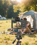 Ultra Compact Metal Ball Head With One Quarter Inch Thread, 360 Degree Swivel And 125 Degree Tilt, Beefy Heavy Duty Tripod Mount For DSLR, Mirrorless, Camcorder, Action Cam, LED Light And Light Stand, Max Load 11 Lb on tripod with camera outdoors