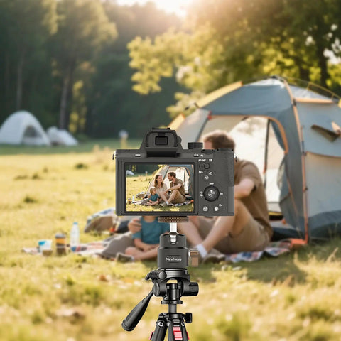 Ultra Compact Metal Ball Head With One Quarter Inch Thread, 360 Degree Swivel And 125 Degree Tilt, Beefy Heavy Duty Tripod Mount For DSLR, Mirrorless, Camcorder, Action Cam, LED Light And Light Stand, Max Load 11 Lb on tripod with camera outdoors