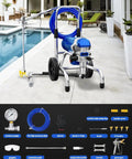 Heavy Duty Airless Paint Sprayer With 1800W Motor And 3800PSI Pressure Zero Hassle Thinning Free Coating Kit With Extension Rod And Wheels For Swift Pro Level Finishing Projects Blue with hose and accessories.