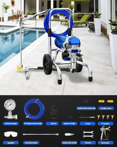 Heavy Duty Airless Paint Sprayer With 1800W Motor And 3800PSI Pressure Zero Hassle Thinning Free Coating Kit With Extension Rod And Wheels For Swift Pro Level Finishing Projects Blue with hose and accessories.
