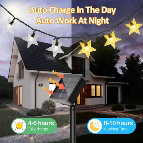 Solar Star String Lights 39Ft Outdoor Waterproof Fairy Lights With 100 LEDs, 8 Modes shown with house backdrop