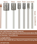 Pro Grade Diamond Grinding Burr Drill Bit Set One Eighth Inch Shank, with 46 Grade diamond coating, 5 head sizes shown.