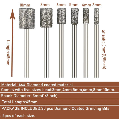 Pro Grade Diamond Grinding Burr Drill Bit Set One Eighth Inch Shank, with 46 Grade diamond coating, 5 head sizes shown.