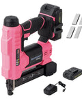 Heavy Duty 20V Cordless Brad Nailer Jam Free 18 Gauge Two In One Stapler Kit Finish Nail Gun with fast charger and battery in pink.
