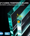 1/2 inch (12mm) tempered glass detail showing ANSI & SGCC certification for Heavy Duty Six Panel Frameless Tempered Glass Deck Railing Kit.