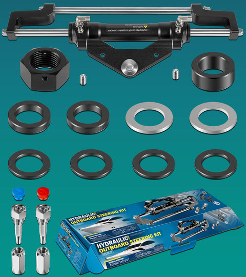 Front Mount Outboard Hydraulic Steering Cylinder Kit With Two Way Lock Valve And ORB Fittings For 300HP Outboard Powered Boats Dockside Ready, Fits Center Console Bass Flats Offshore Cruisers And More Max Working Pressure 1500 PSI