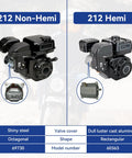 Comparison of 212 Non-Hemi and 212 Hemi engines, highlighting valve cover shapes and materials, model numbers 69730 and 60363.
