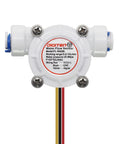 No-Nonsense Quarter Inch Quick Connect Water Flow Sensor Hall Effect Meter showing measurement details and wiring colors
