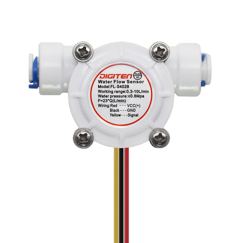No-Nonsense Quarter Inch Quick Connect Water Flow Sensor Hall Effect Meter showing measurement details and wiring colors