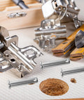 Super Tough 5 Pack Stainless Steel Insert Pins With Flat Heads And Holes For Scaffolding on a work surface with tools.