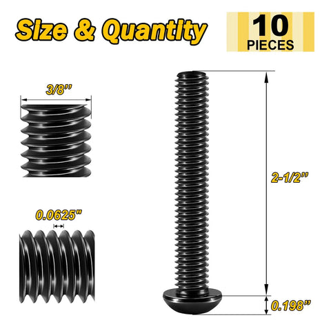Top Shelf 3/8 16 X 2 1/2 Button Head Socket Cap Bolts, 10 Pack with detailed dimensions and size specifications.