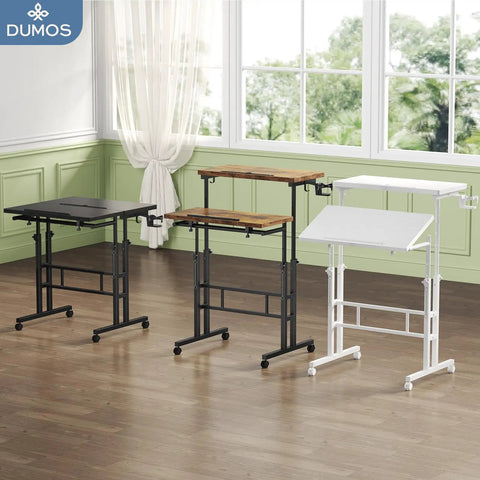 Three split top rolling standing desks with adjustable height from 28 to 45 inches displayed in a home office setting.