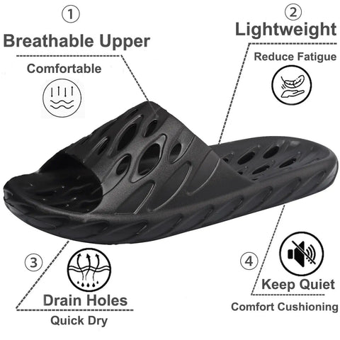 Black Drainage Holes Shower Slippers With Quick Drying Sole For Men And Women Open Toe Bath Shoes, size 44.45, side view