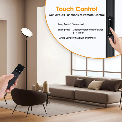 32W 2600LM LED Torchiere Floor Lamp With Remote, Super Bright Living Room Light, modern black lamp in stylish living room