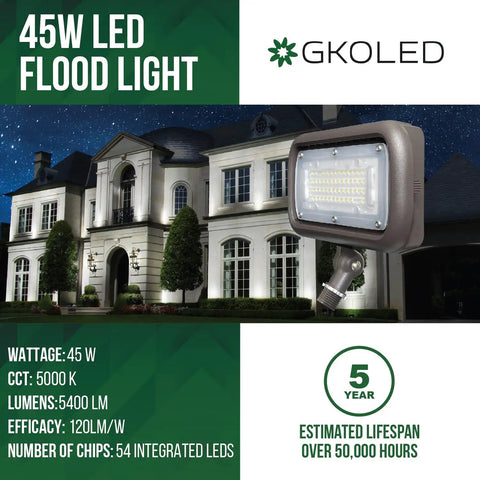 Beast Bright Outdoor Security LED Flood Light Set, 45W LED, illuminating house exterior at night, adjustable knuckle